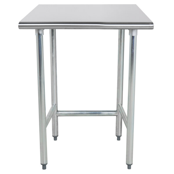 A stainless steel Advance Tabco work table with a square top and metal base.