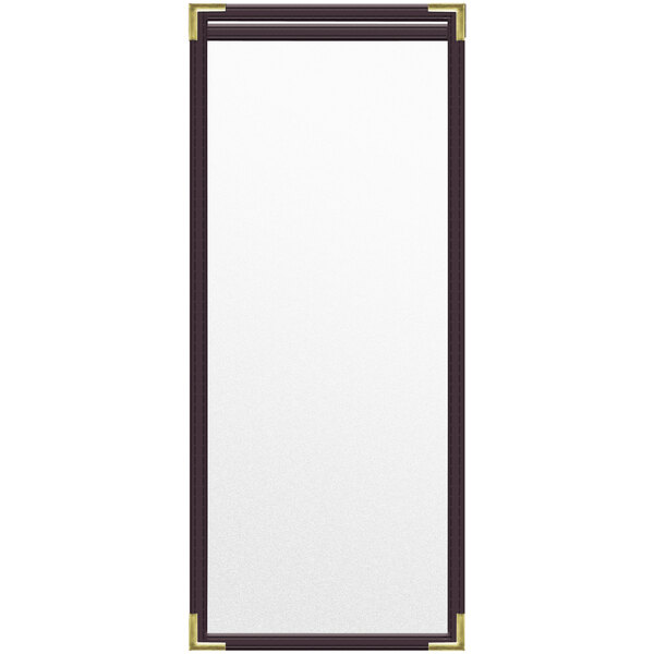 A rectangular brown vinyl menu cover with gold corners and black trim.