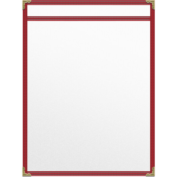A white paper with red border inside a red vinyl menu cover with gold corners.