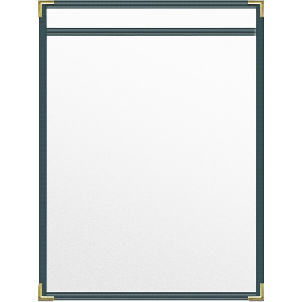 A white menu cover with gold corners and a metal bar.