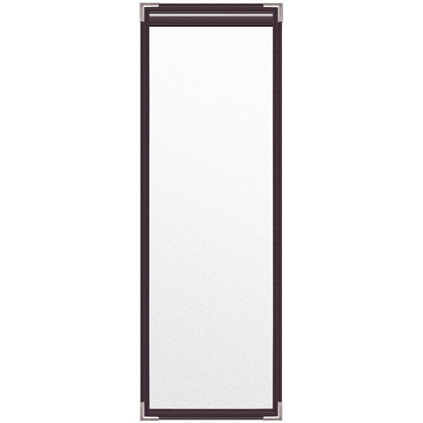 A white rectangular menu cover with black metal corners.