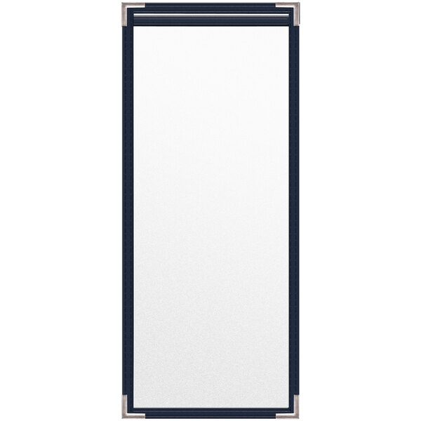 A rectangular white board with a blue frame.