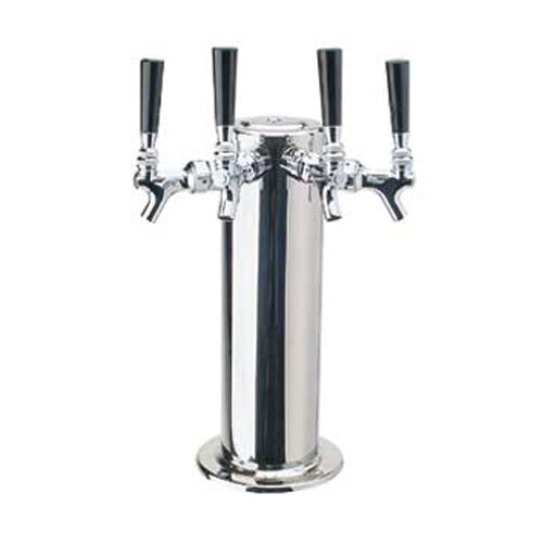 A Micro Matic polished stainless steel beer tap with four black handles.