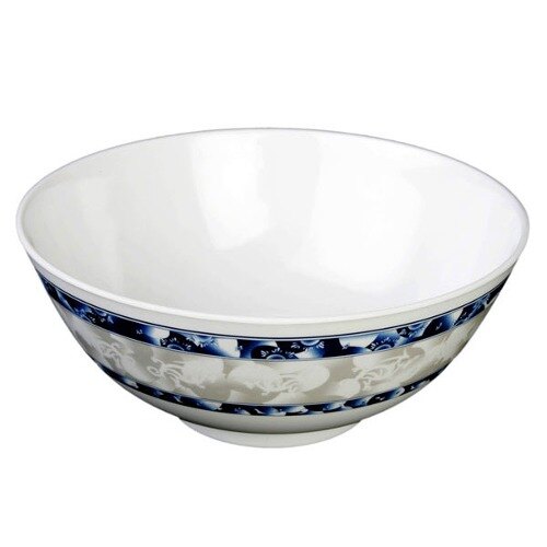 A white melamine bowl with a blue and white dragon design.