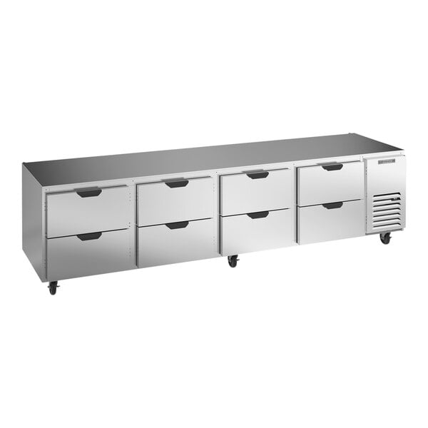 A stainless steel Beverage-Air undercounter refrigerator with 8 drawers.