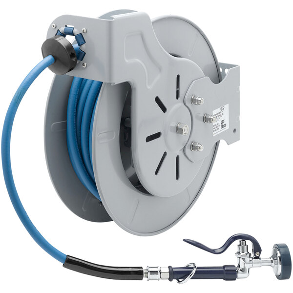 A T&S hose reel with a blue hose attached.