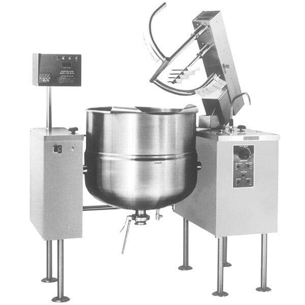 A Cleveland 80 gallon steam jacketed mixer kettle with a machine.
