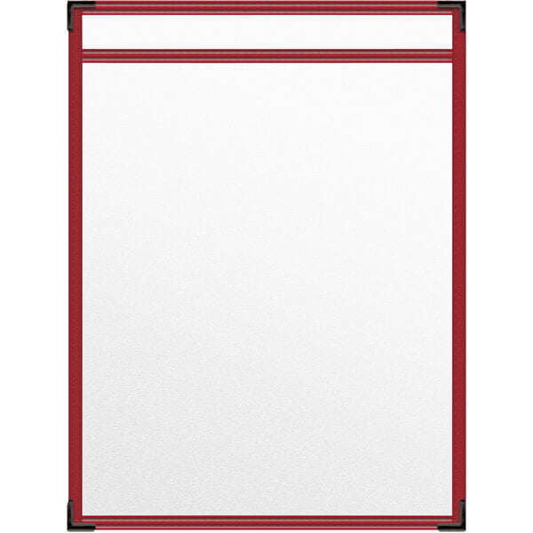 A white rectangular paper with a red border and black corners in a red vinyl menu cover.