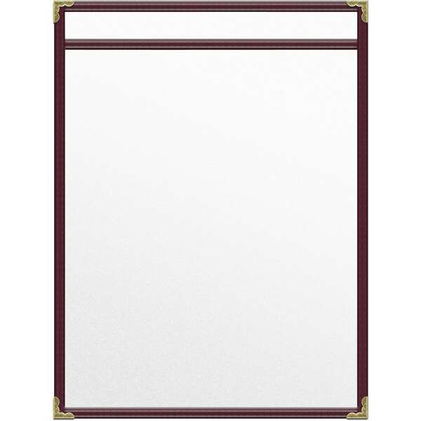 A white rectangular menu cover with a red border and gold decorative corners.