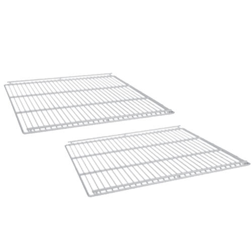 A pair of white metal shelves with wire grids.