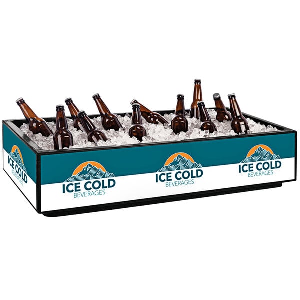 A black IRP countertop cooler filled with ice and brown bottles of cold beverages.