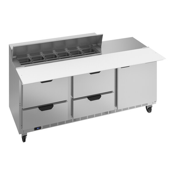 A Beverage-Air refrigerated sandwich prep table with 4 drawers and a cutting board.