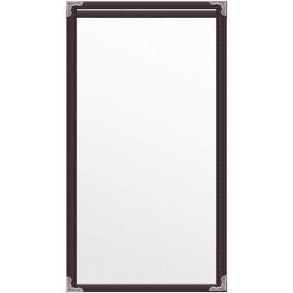 A white rectangular menu cover with silver corners and a black border.