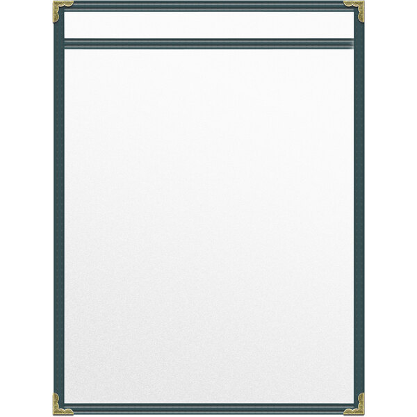 A white board with gold trim and a green border.