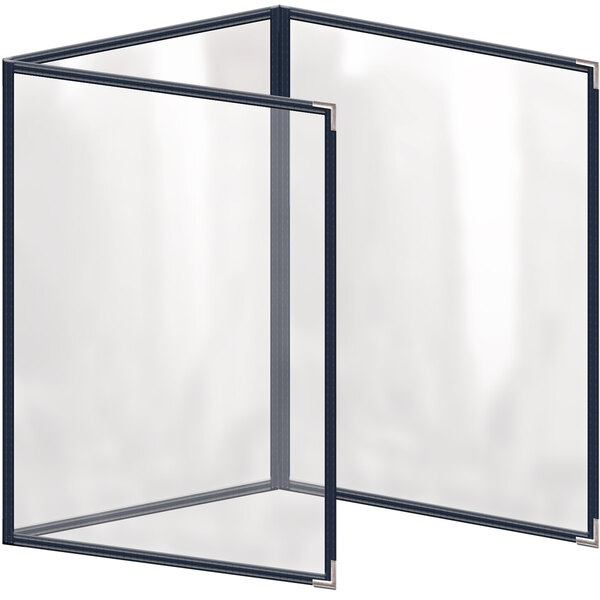 A glass case with a black frame and a white strip containing a blue H. Risch, Inc. menu cover.
