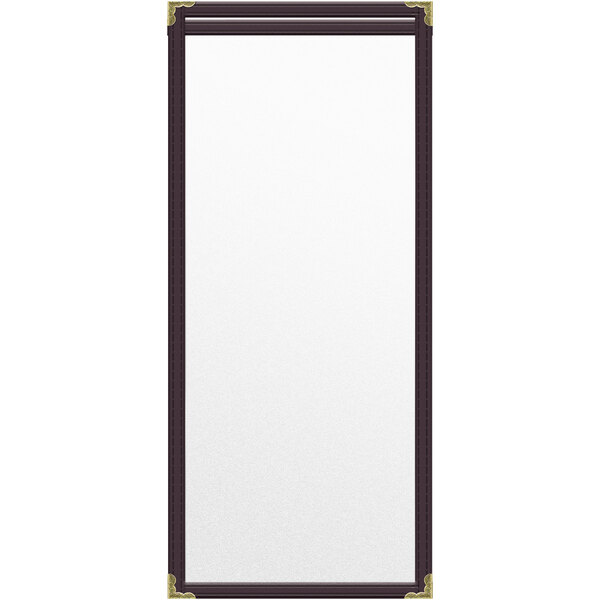 A rectangular white menu cover with gold decorative corners.