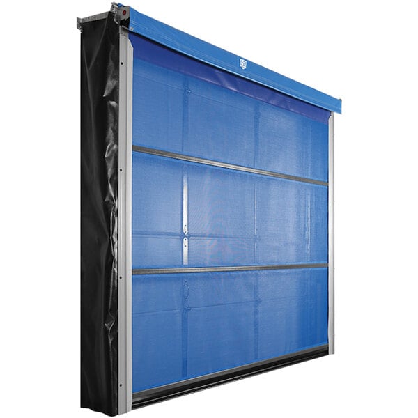 A blue mesh screen door with a black frame.