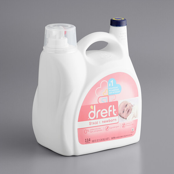 A white plastic container of Dreft baby laundry detergent with a pink label.