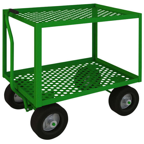 A green metal cart with black wheels.