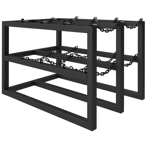 A black metal Durham gas cylinder rack with chains.