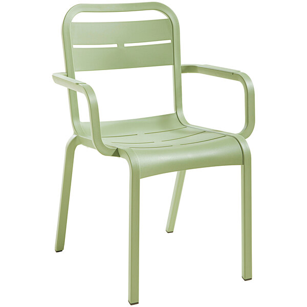 A Grosfillex sage green plastic outdoor armchair with armrests.