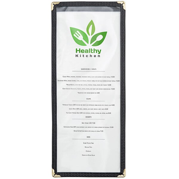 A black menu cover with a white menu inside.