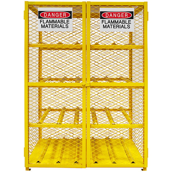 A yellow metal storage cabinet with manual doors and white warning signs.