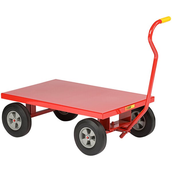 A red metal wagon truck with black rubber wheels.