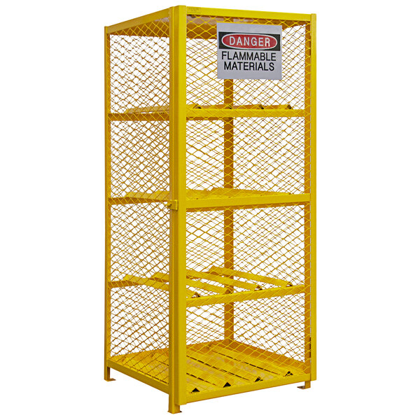 A yellow metal Durham gas cylinder cabinet with a manual door and shelves.