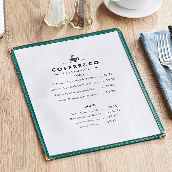 A green Choice menu cover on a table in a brunch café.