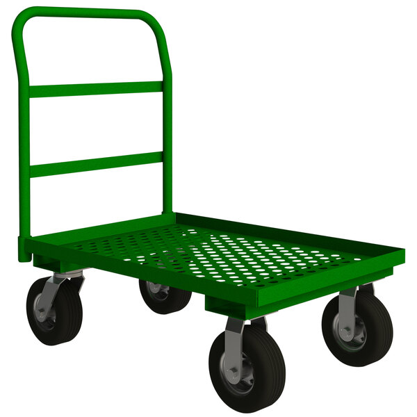 A green Durham Mfg nursery platform truck with perforated steel deck and black wheels.