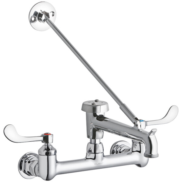 An Elkay chrome wall-mounted mop sink faucet with wristblade handles and a swing spout.