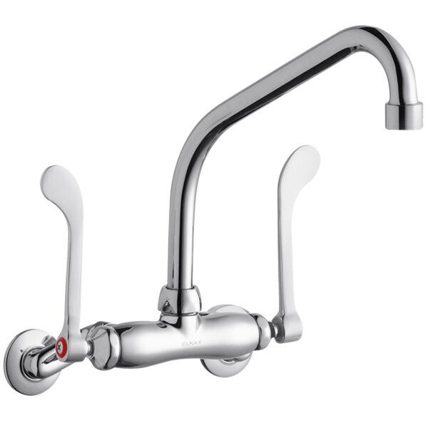 An Elkay chrome wall-mounted faucet with 6" wristblade handles and a high arc swing spout.