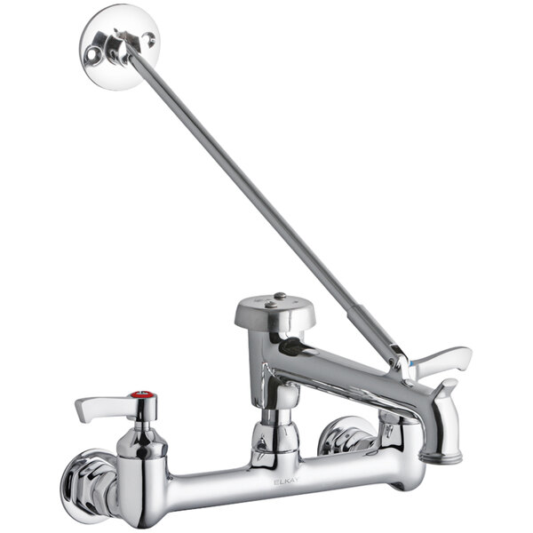 An Elkay chrome wall-mounted mop sink faucet with 8" centers and 7" bucket hook swing spout with 2" lever handles.