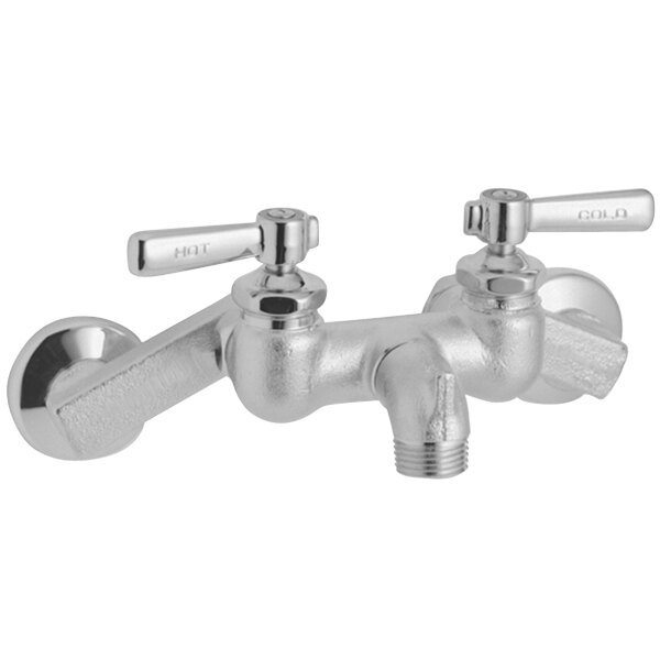 An Elkay chrome mop sink faucet with two lever handles.