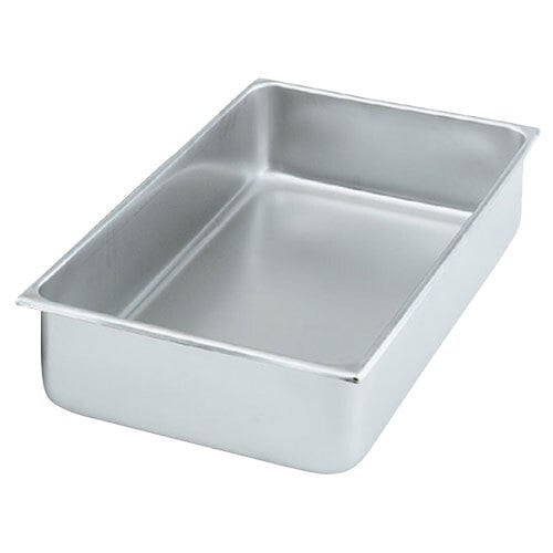 A silver rectangular metal pan with a lid.