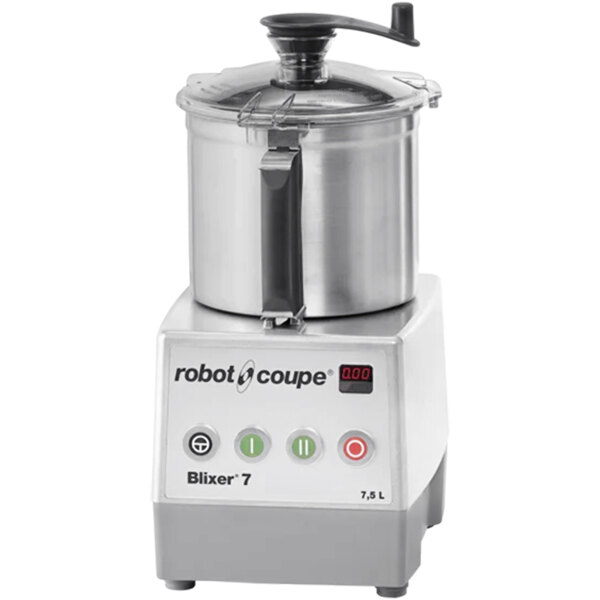A silver Robot Coupe batch bowl food processor with a lid.
