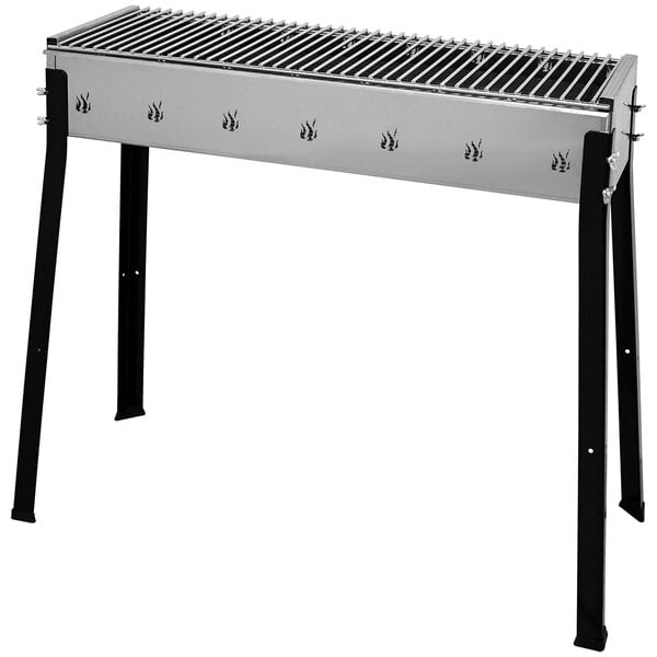 An Omcan stainless steel charcoal kebab grill on a metal stand with legs.
