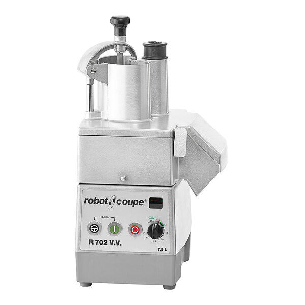 A Robot Coupe commercial food processor with a lid and buttons.
