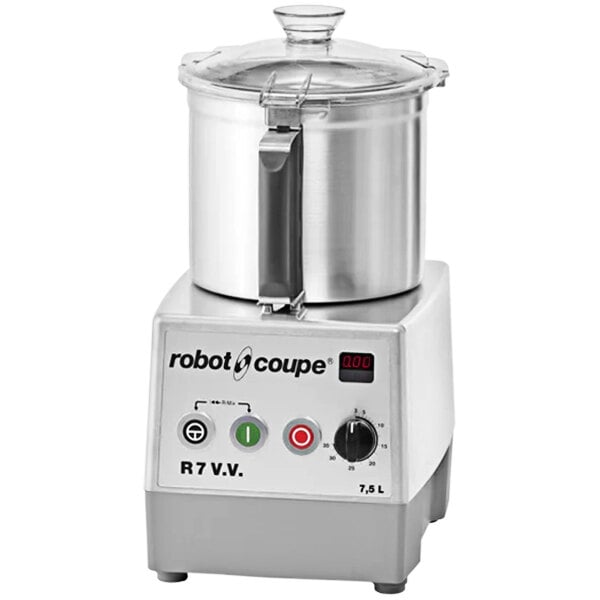 A silver Robot Coupe table top food processor with a lid.