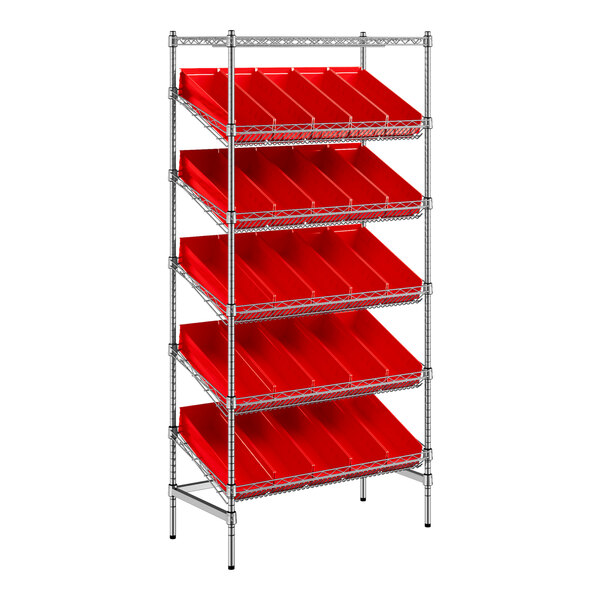 Regency 18" x 36" Stationary Slanted Chrome Shelf Unit with 25 Red Bins