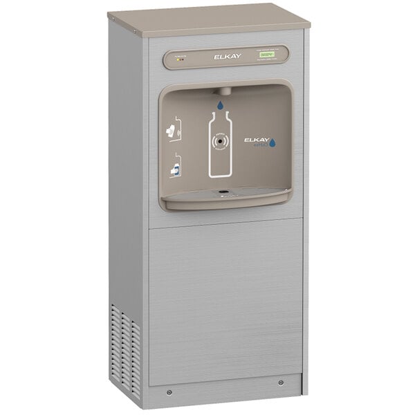 An Elkay stainless steel water fountain with a bottle filler and water dropper.