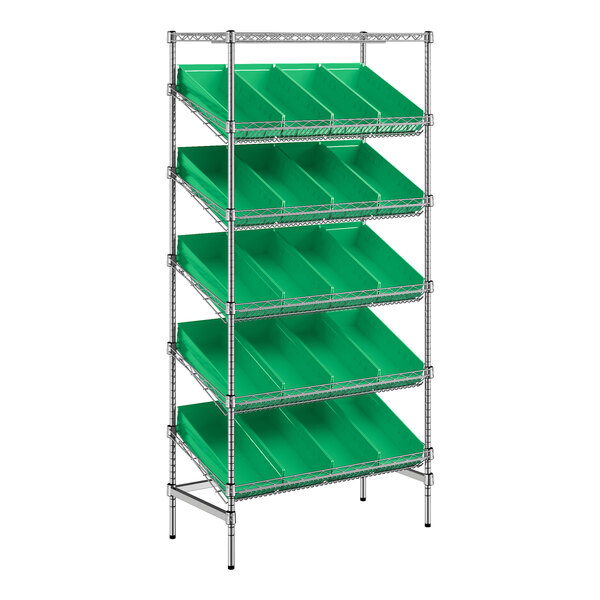 Regency 18" x 36" Stationary Slanted Chrome Shelf Unit with 20 Green Bins