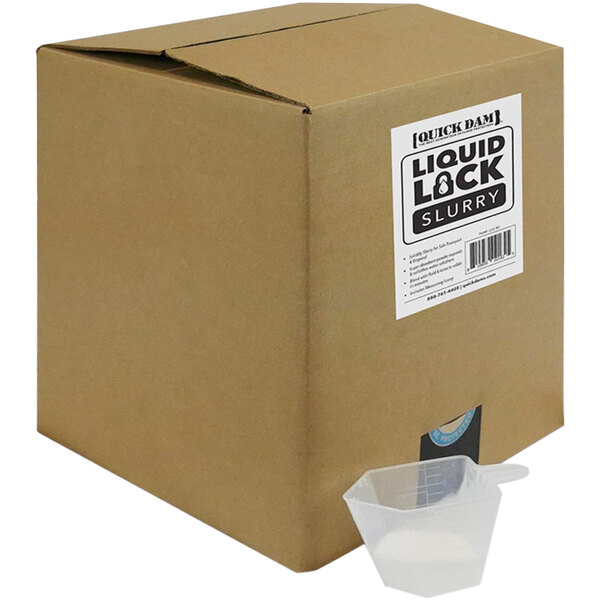 A white box with Quick Dam Liquid Lock Slurry and a plastic scoop.