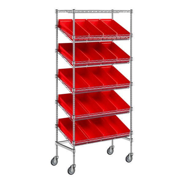 Regency 18" x 36" Mobile Slanted Chrome Shelf Unit with 20 Red Bins