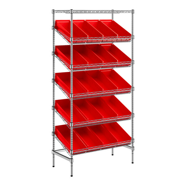 Regency 18" x 36" Stationary Slanted Chrome Shelf Unit with 20 Red Bins