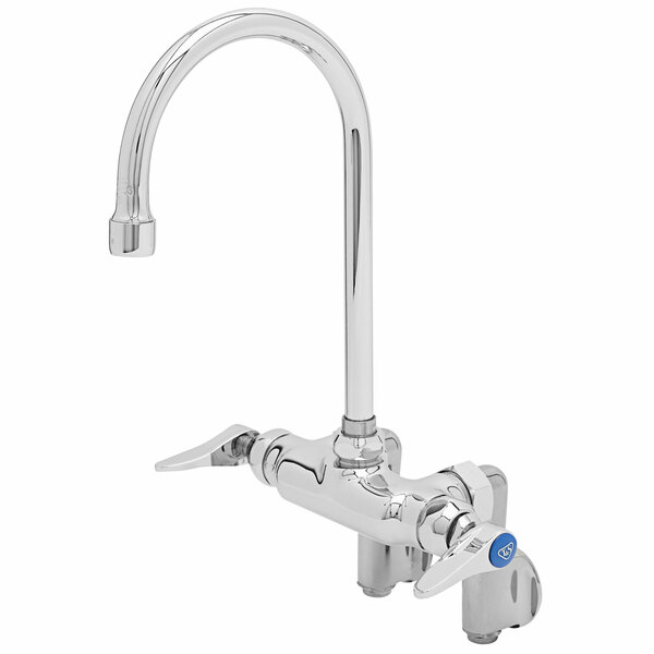 A silver T&S wall mounted pantry faucet with a blue handle.