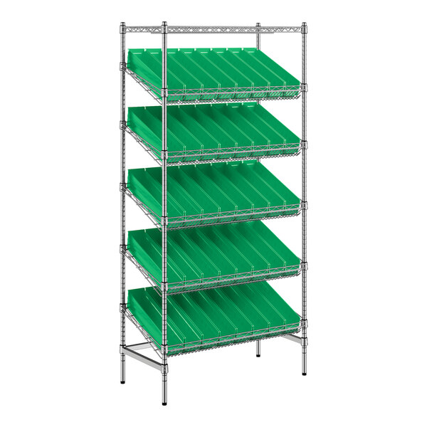Regency 18" x 36" Stationary Slanted Chrome Shelf Unit with 40 Green Bins