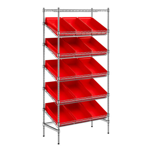 Regency 18" x 36" Stationary Slanted Chrome Shelf Unit with 15 Red Bins