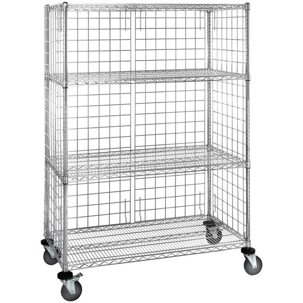 A Quantum chrome wire shelving cart with wheels.